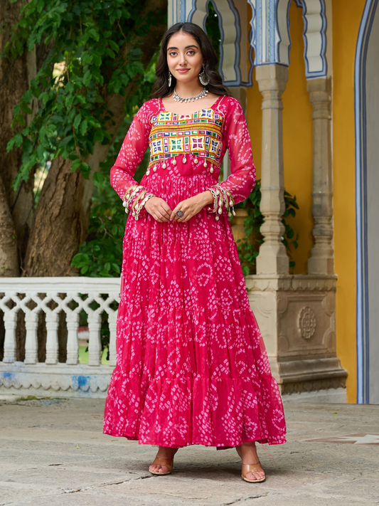 Bandhani Print Georgette Gown with Kutchi Patchwork