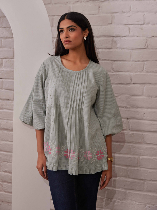 Light Green Pintuck Tunic with Floral Embroidery