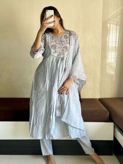 Powder Blue Mul Cotton Dupatta Set