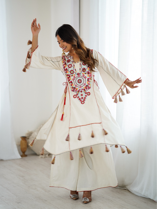 Boho Off-White Khadi Mirror Work Set