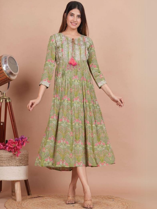 Green Rayon Ankle Length Dress