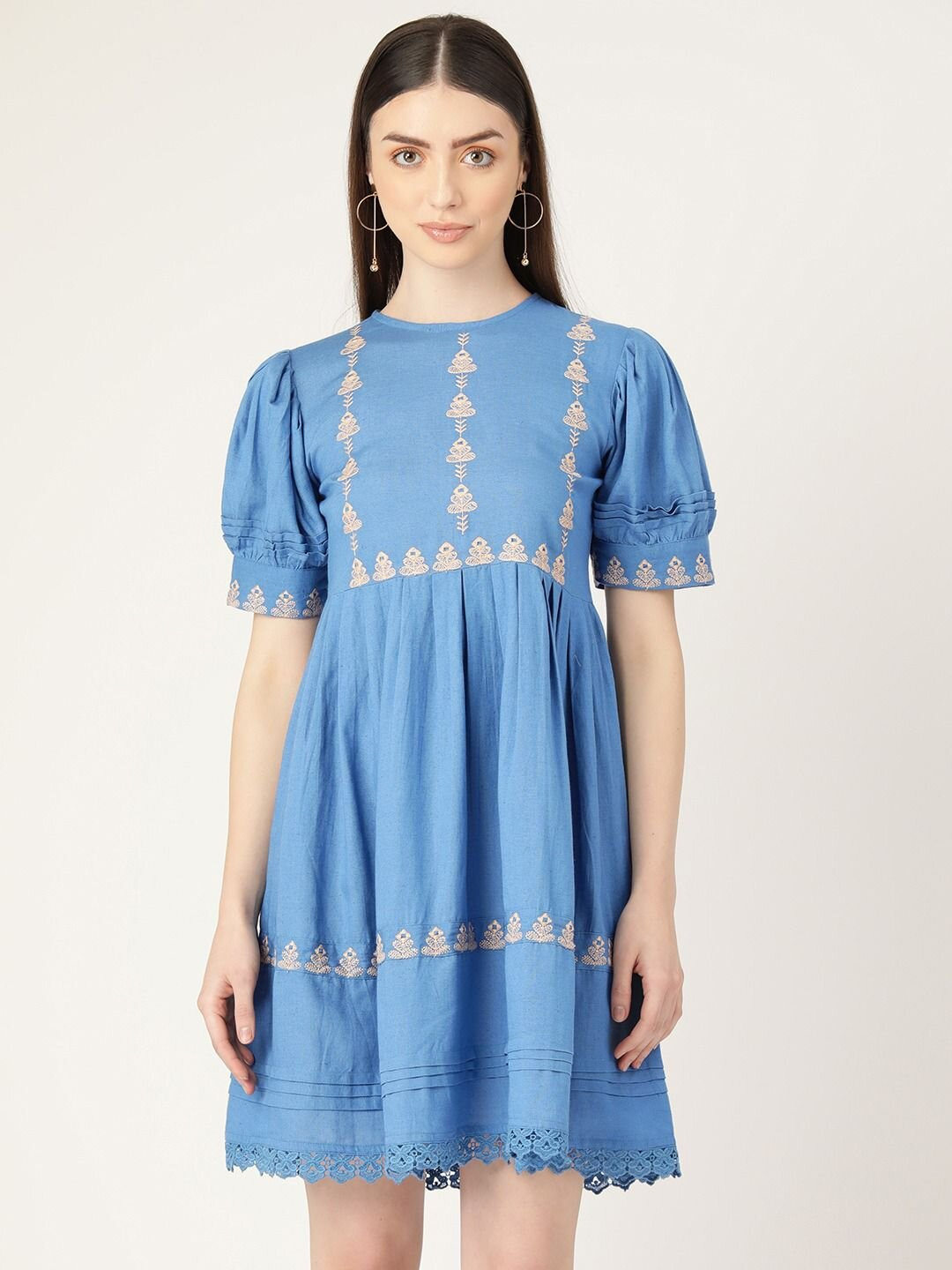 Blue Short Dress with Puff Sleeves