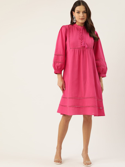 Pink Short Dress with Pleated Yoke