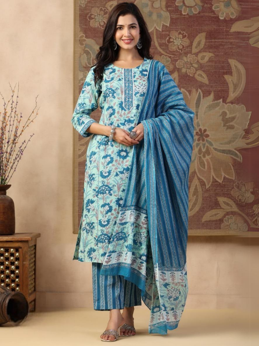 Light Blue Floral Print Dupatta Set