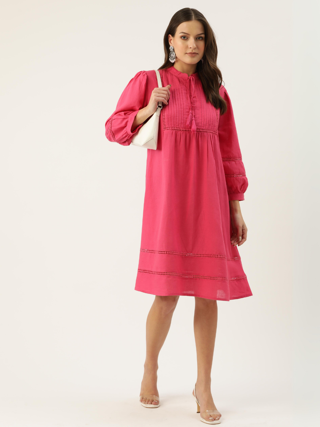 Pink Short Dress with Pleated Yoke