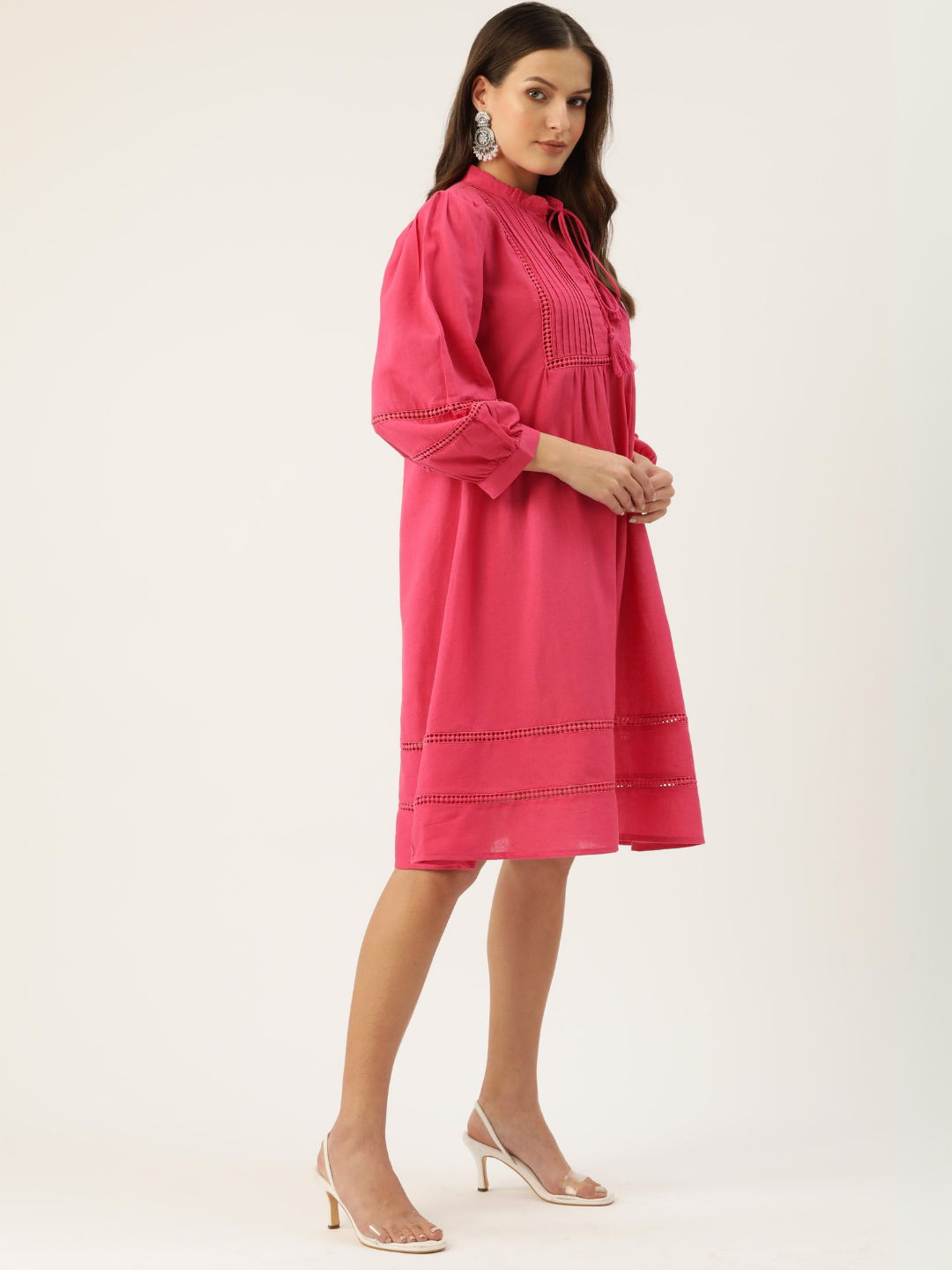 Pink Short Dress with Pleated Yoke