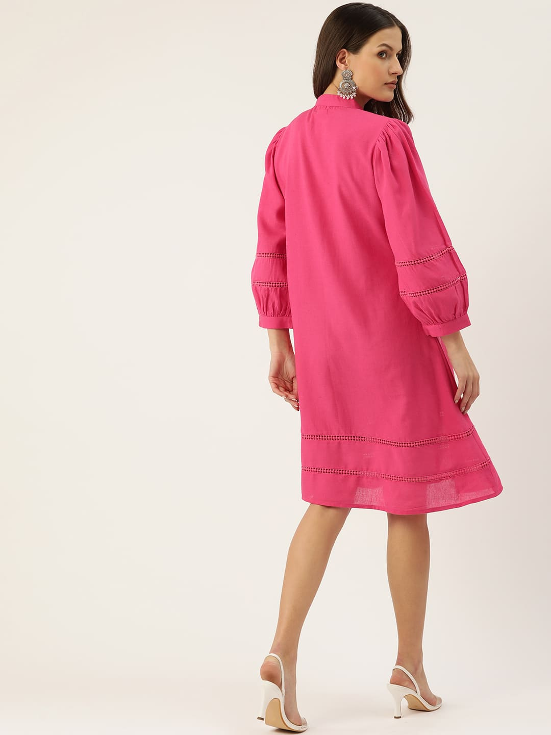 Pink Short Dress with Pleated Yoke