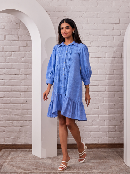 Blue Jacquard Cotton Shirt Dress