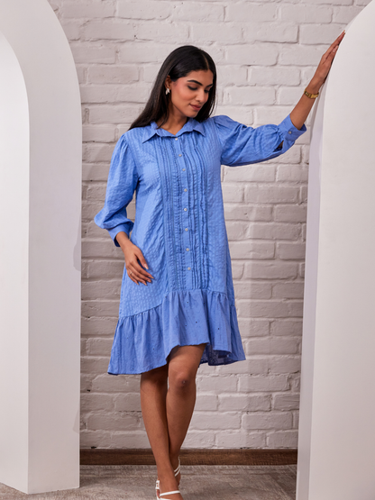 Blue Jacquard Cotton Shirt Dress