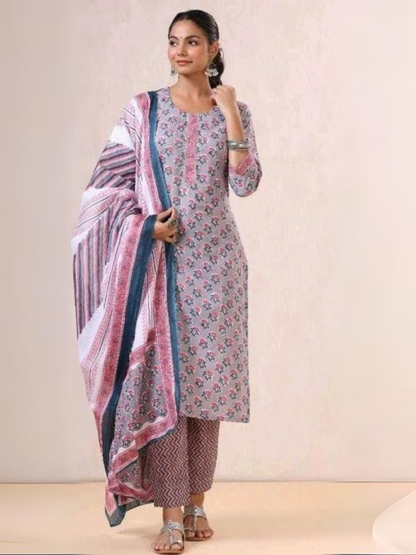 Grey HandBlock Print Dupatta Set