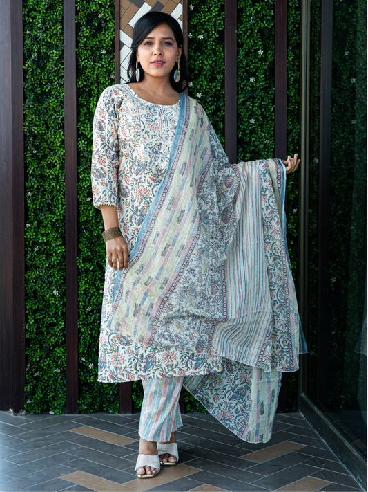 Multi Coloured Floral Print Dupatta Set