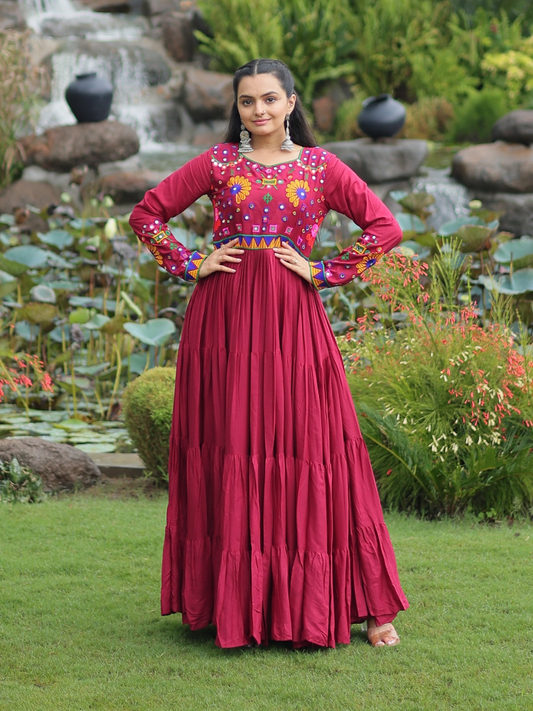 Twirl in Tradition – Rayon Gown with Kutchi Gamthi Embroidery