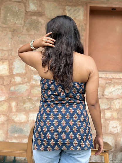 Classic Navy Blue Halter Neck Short Kurti