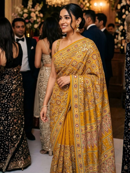 Mirror Glow Gajji Satin Ajrakh Saree