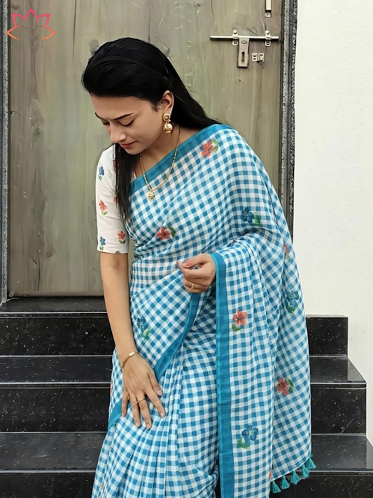 Digital Print Checkered Soft Linen Saree