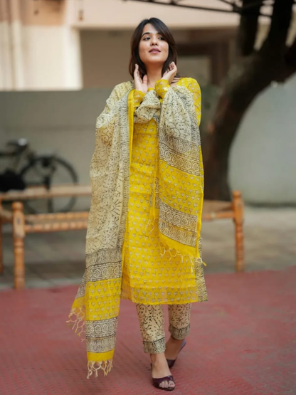 Premium Yellow Kota Doriya Dupatta Set