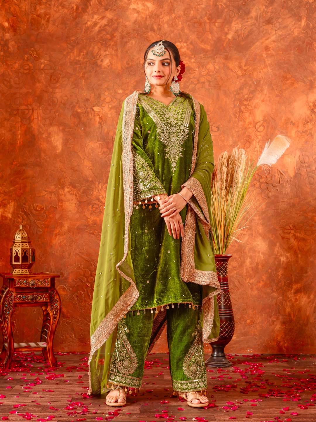 Opulent Velvet Embroidered Palazzo Set with Rivet Moti Detailing