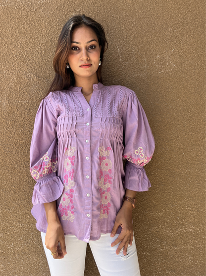 Lavender Button-Down Tunic with Floral Embroidery