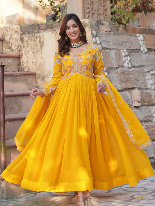 Classic V-Neck Embroidered Gown with Dupatta