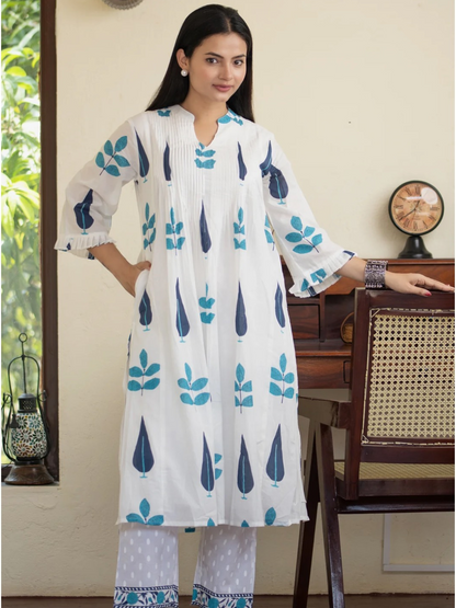 Hand Block Print Cotton Co-ord Set with Pintuck Yoke