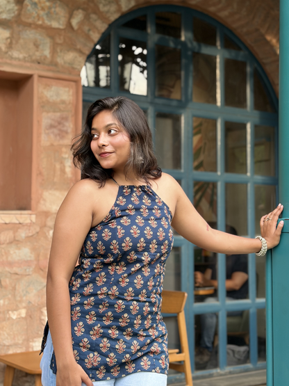 Classic Navy Blue Halter Neck Short Kurti