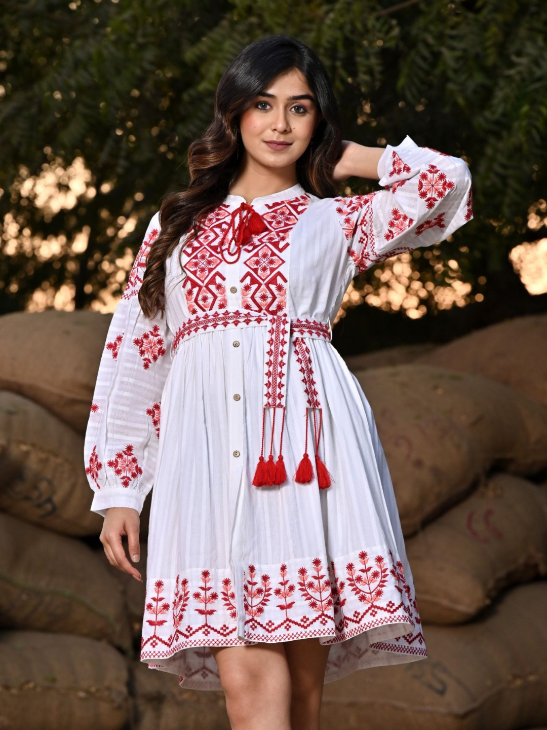 Red and White Dobby Cotton Short Dress