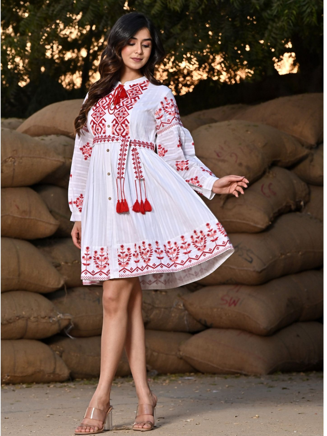 Red and White Dobby Cotton Short Dress