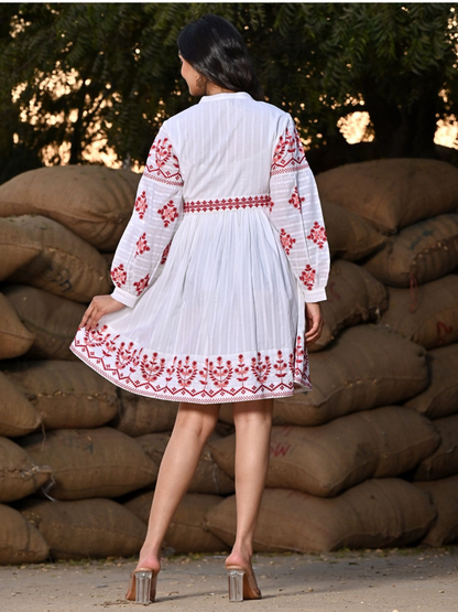 Red and White Dobby Cotton Short Dress