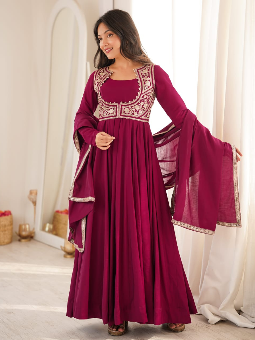 Royal Rani Pink Roman Silk Anarkali Set