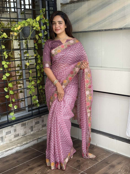 Embroidered Bandhej Print Cotton Satin Saree
