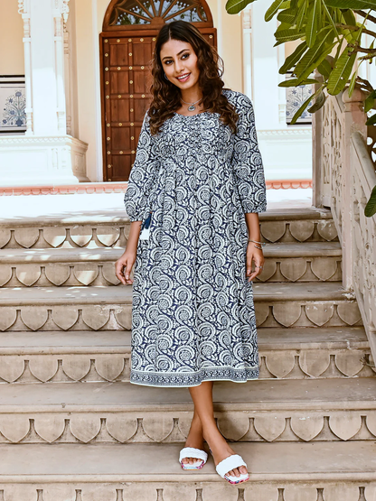 Dark Blue Printed Dress with Pleated Yoke