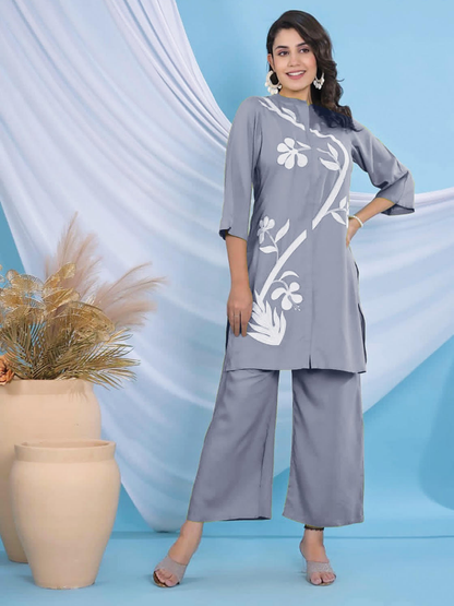 Sky Blue Cotton Co-Ord Set with Floral Embroidery