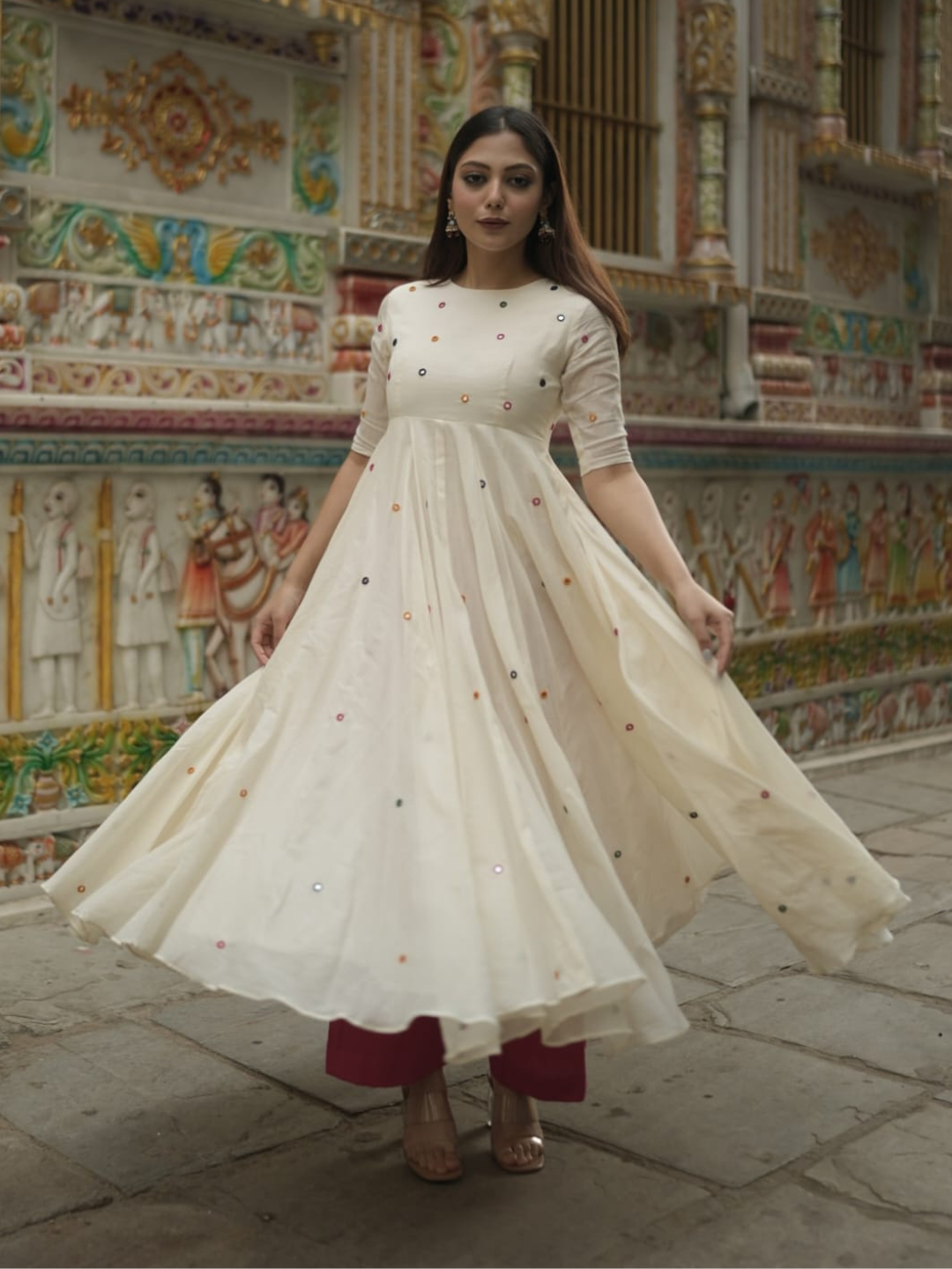 Ivory Mirror-Work Cotton Kurta Set