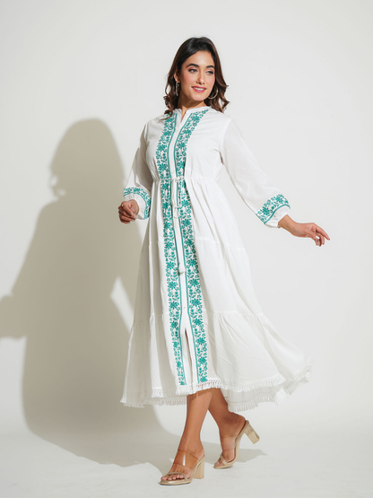 White Midi Dress with Green Embroidery