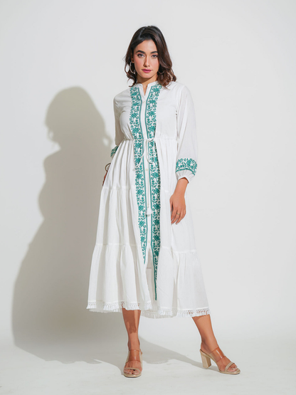 White Midi Dress with Green Embroidery