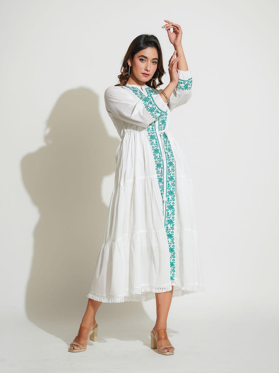 White Midi Dress with Green Embroidery