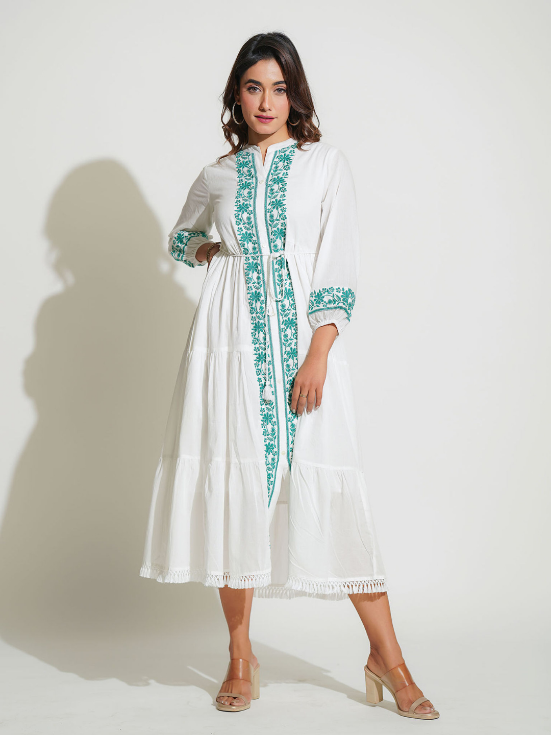 White Midi Dress with Green Embroidery