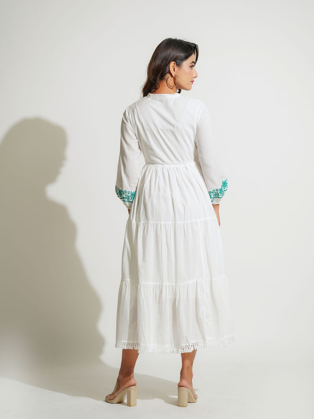 White Midi Dress with Green Embroidery