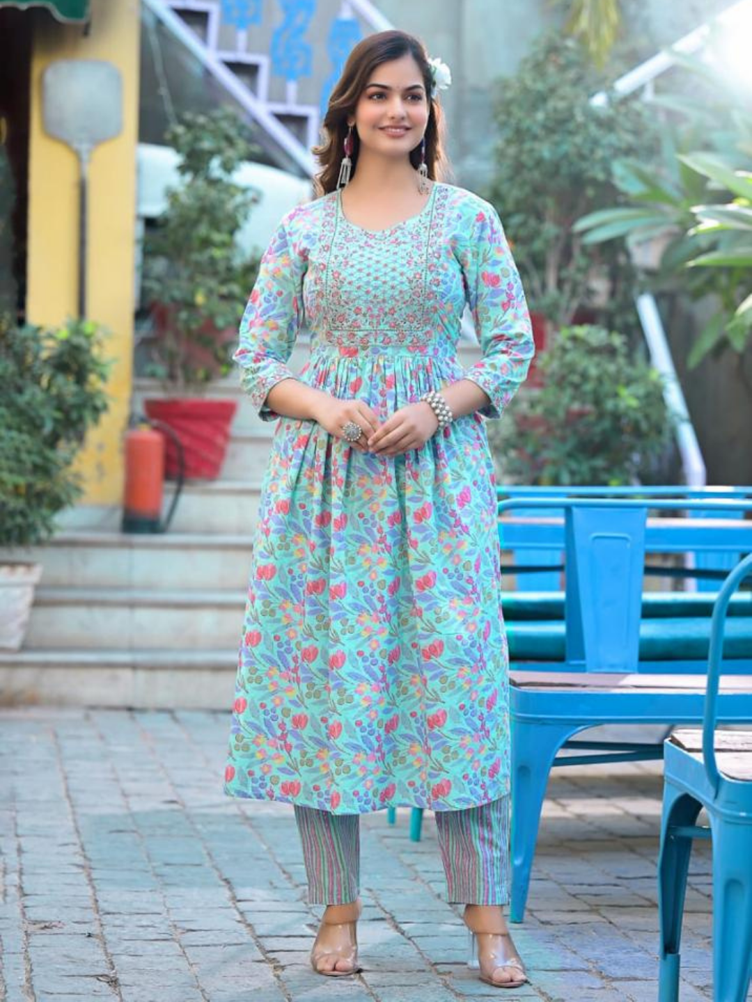 Light Blue Floral Print Nayra Cut Set With Ruffled Dupatta