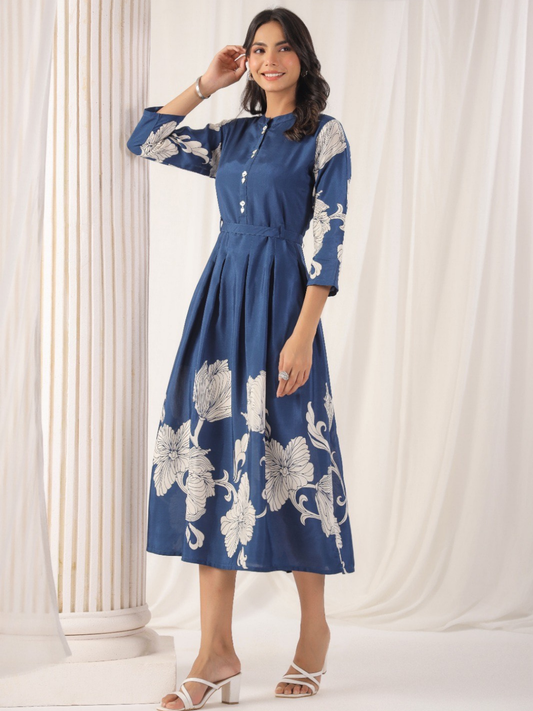 Elegant Blue Floral Muslin Dress