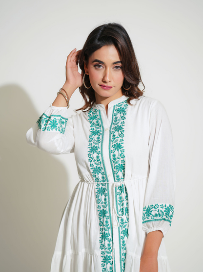 White Midi Dress with Green Embroidery