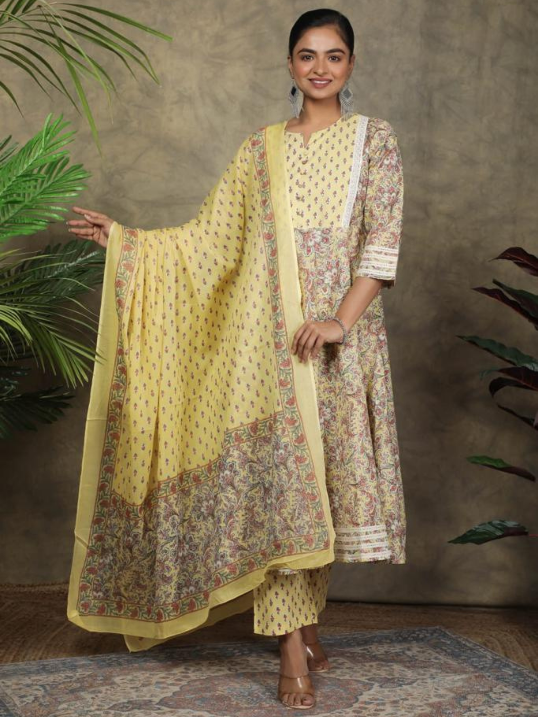 Light Yellow Floral Print Anarkali Set