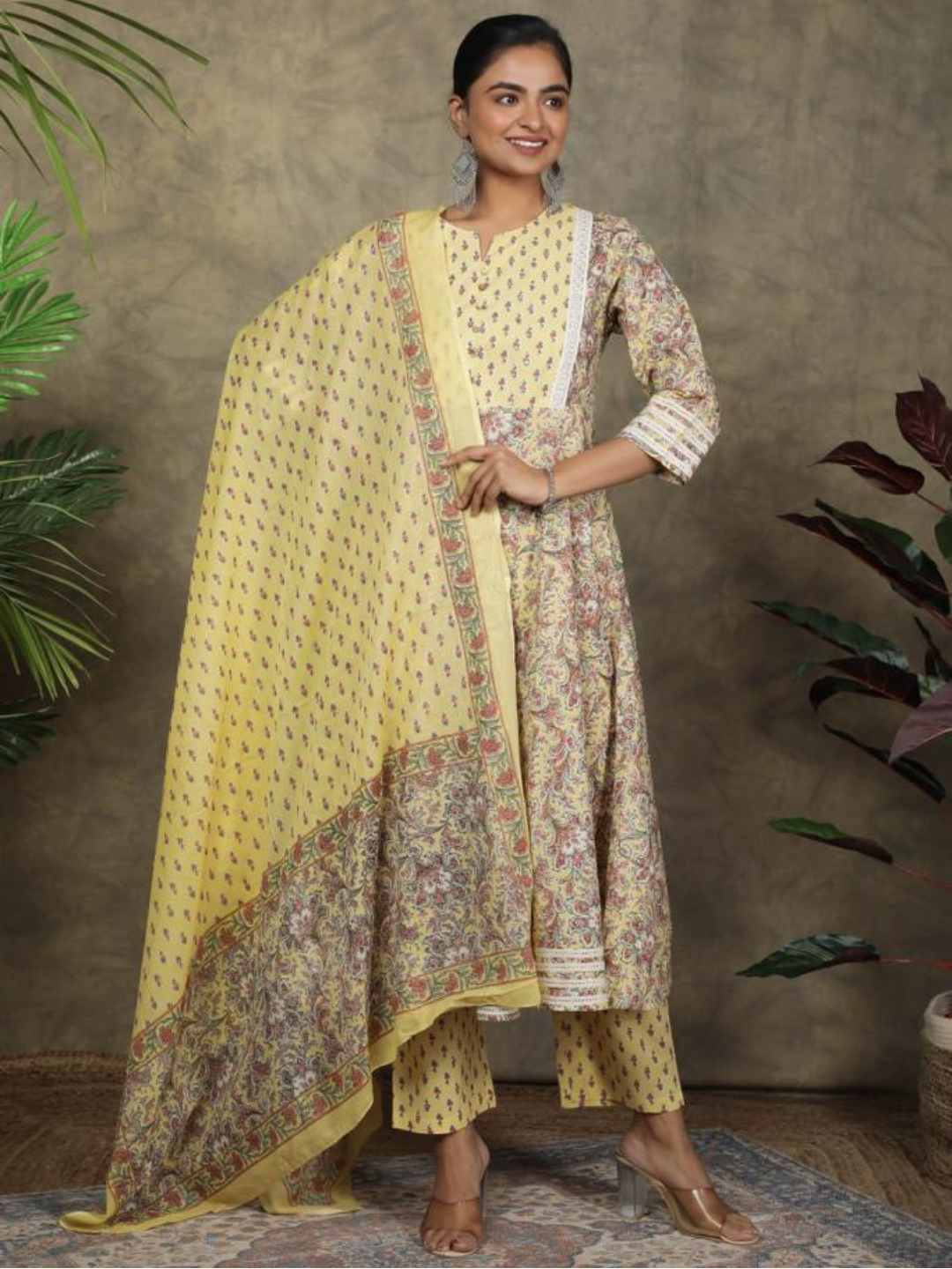 Light Yellow Floral Print Anarkali Set