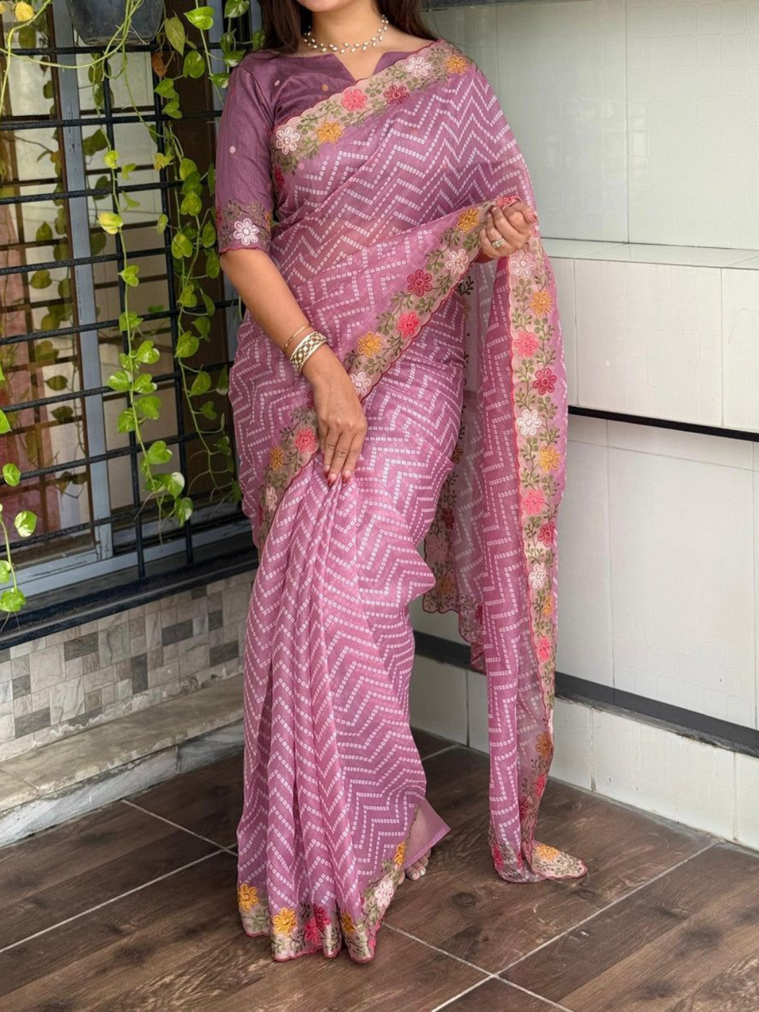 Embroidered Bandhej Print Cotton Satin Saree