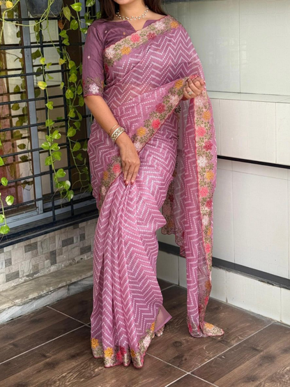 Embroidered Bandhej Print Cotton Satin Saree