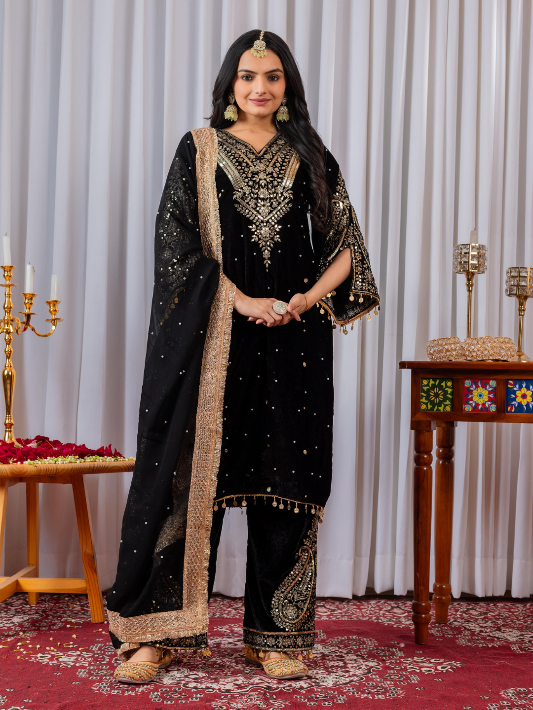 Opulent Velvet Embroidered Palazzo Set with Rivet Moti Detailing