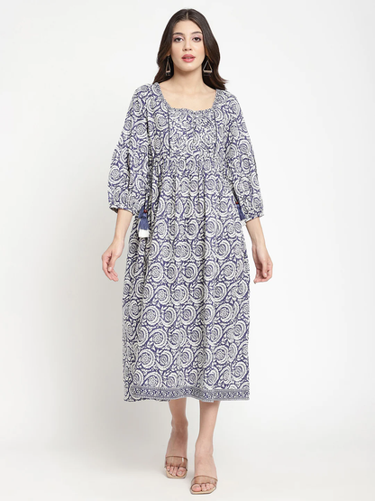 Dark Blue Printed Dress with Pleated Yoke