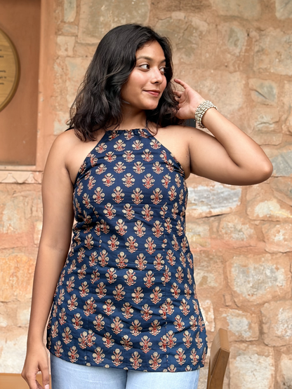 Classic Navy Blue Halter Neck Short Kurti