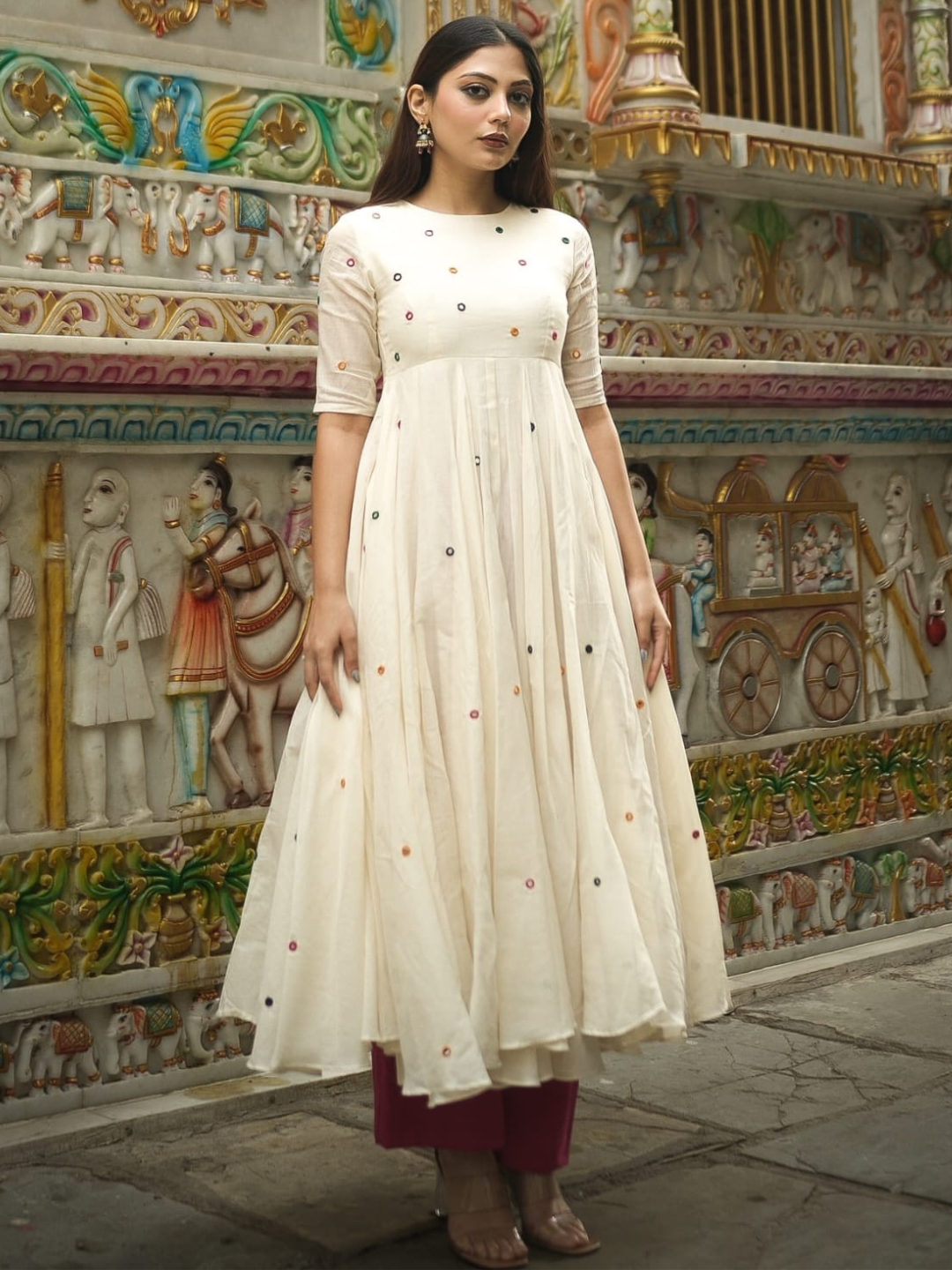 Ivory Mirror-Work Cotton Kurta Set