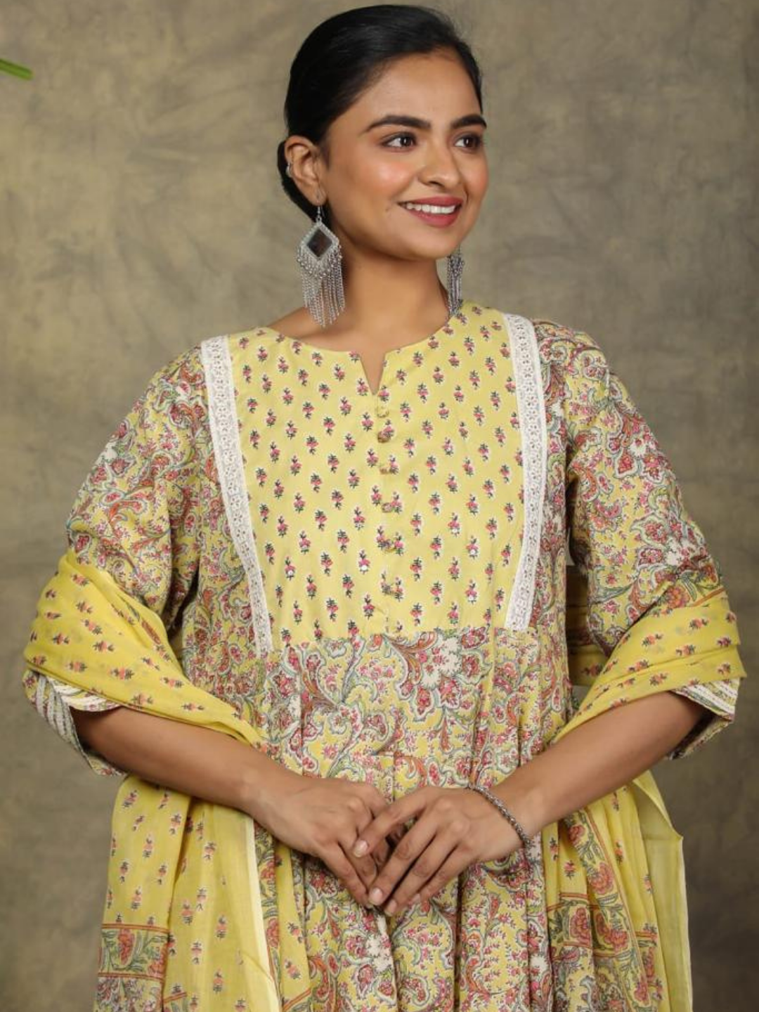 Light Yellow Floral Print Anarkali Set